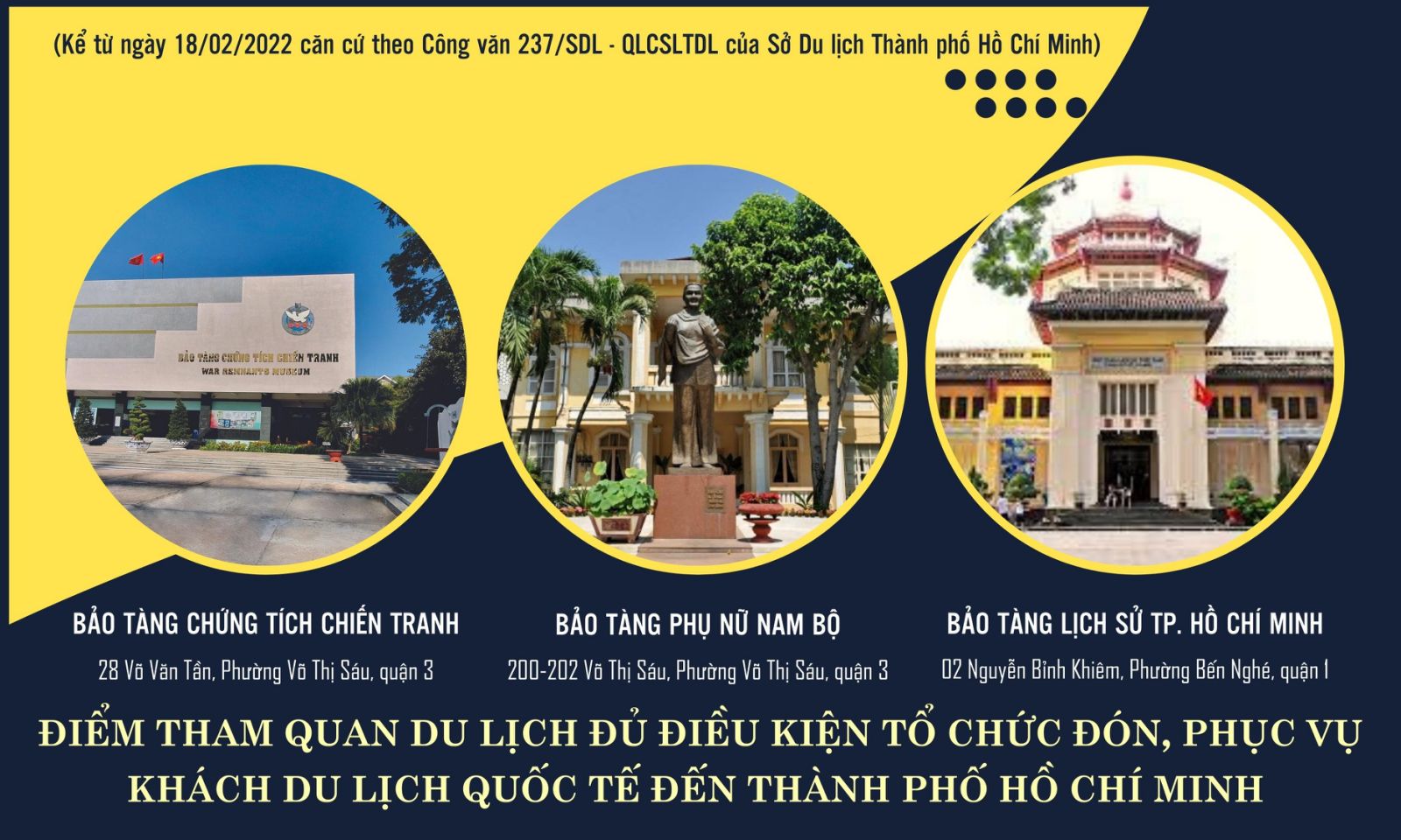 Thêm 3 điểm tham quan du lịch đủ điều kiện thí điểm tổ chức đón, phục vụ khách du lịch quốc tế đến Thành phố Hồ Chí Minh kể từ ngày 18/02/2022